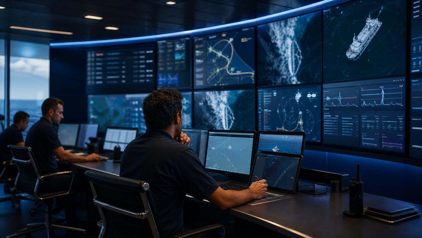 Offshore engineers reviewing digital operations in a command centre