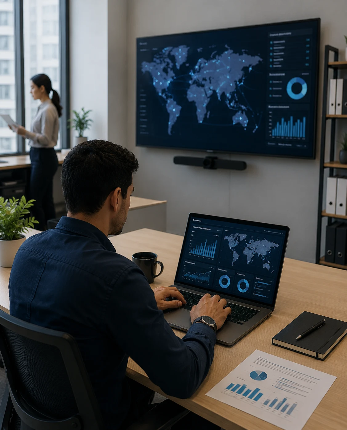 Corporate teams reviewing reports and workflows in a modern meeting room