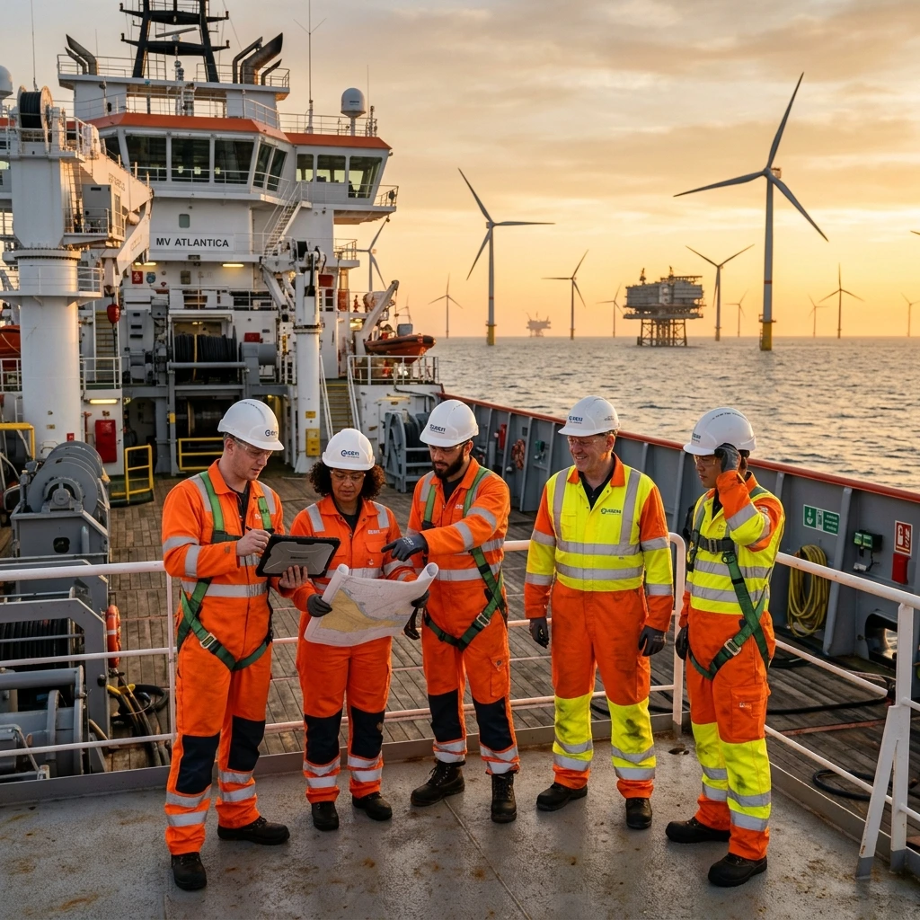 Offshore marine operations and wind energy workforce on vessel deck