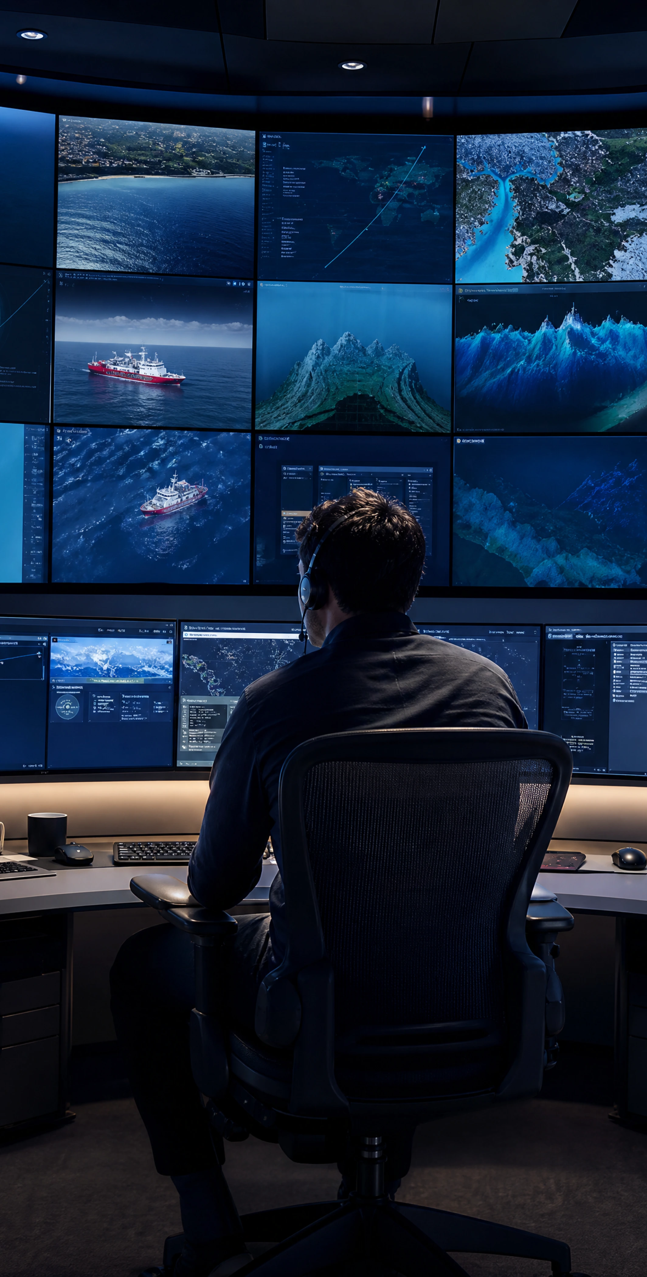 Engineers reviewing digital offshore operations maps in a dark command centre