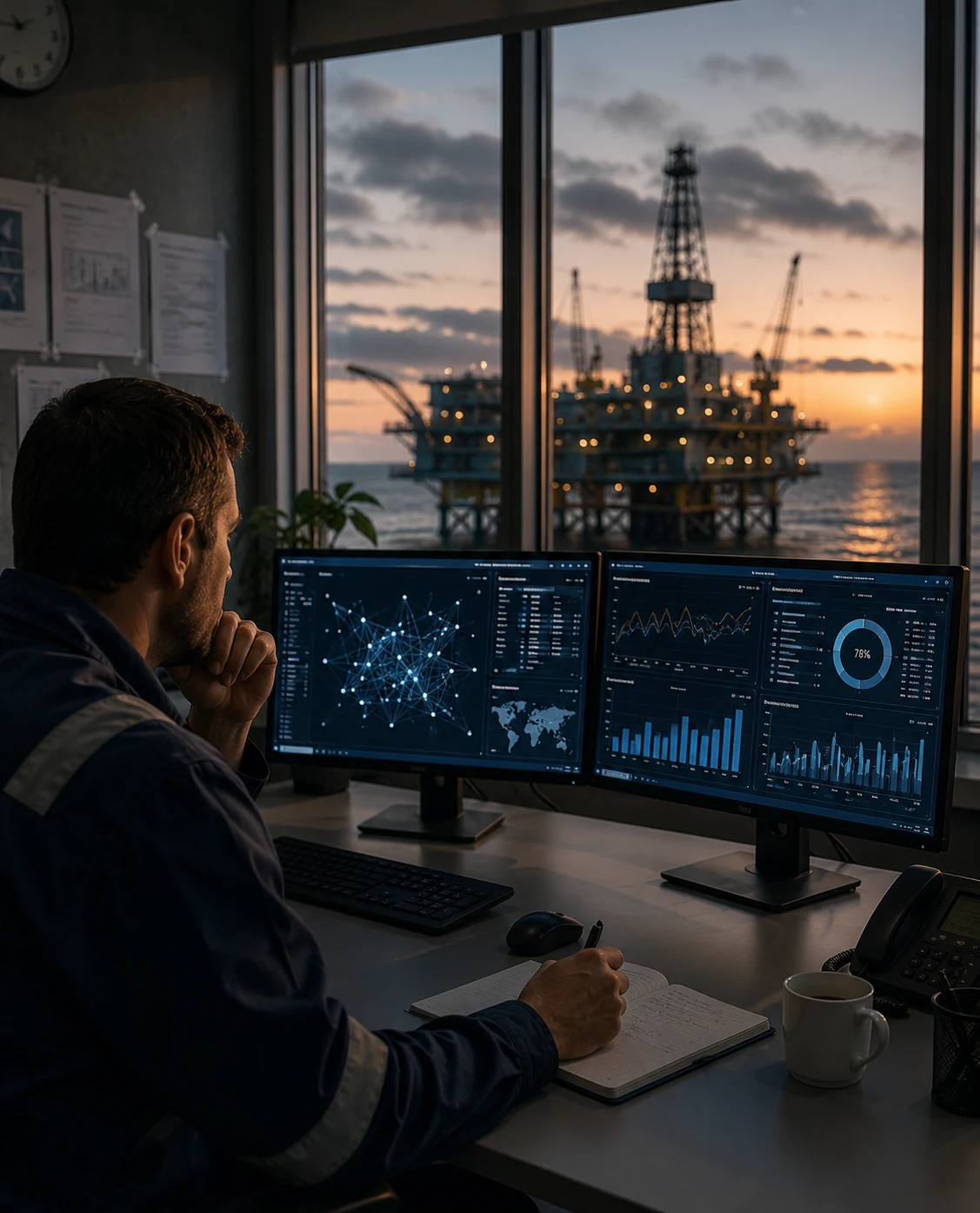 Offshore specialist reviewing marine vessel operations and live offshore job requirements on deck