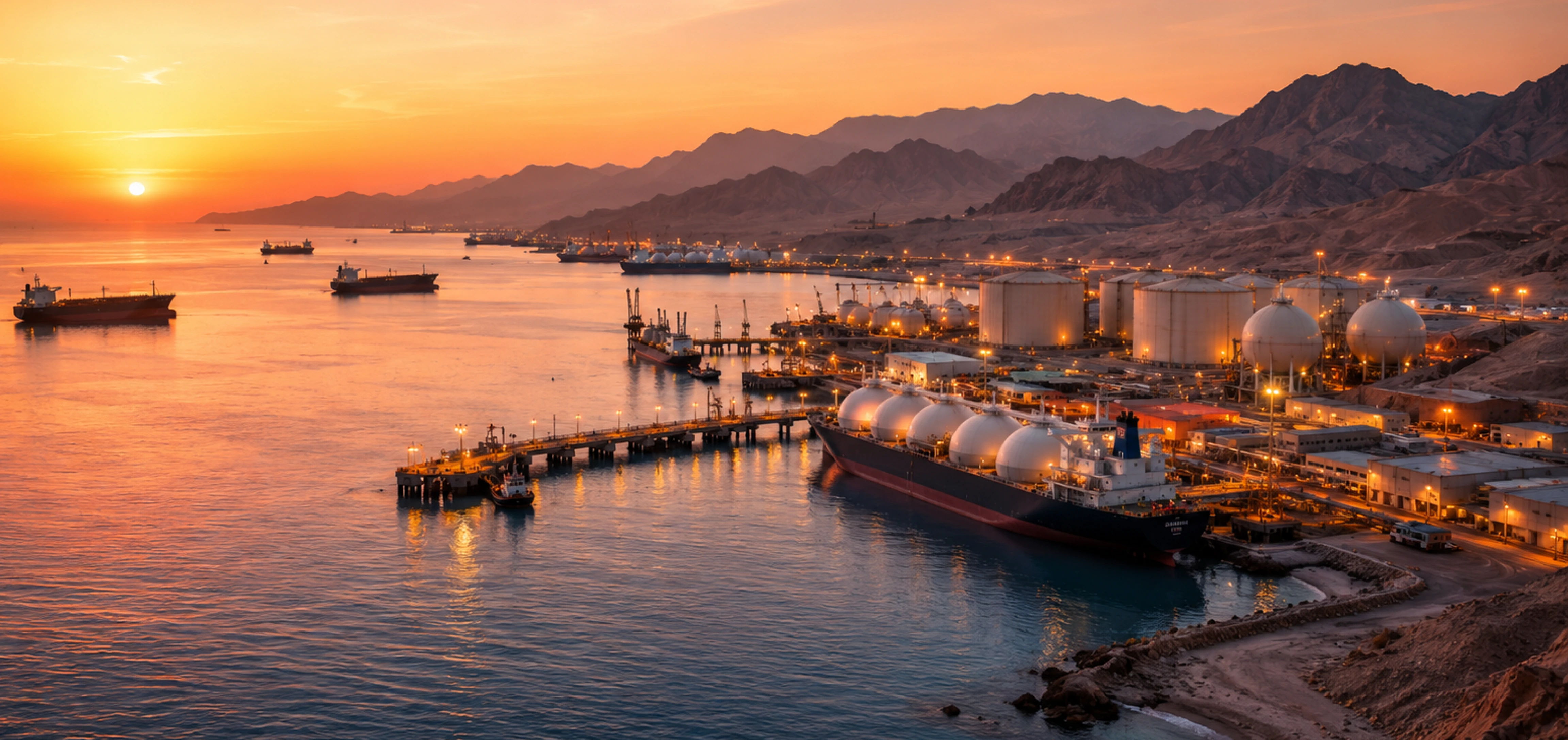 Middle East and Africa offshore platform in warm sunset tones