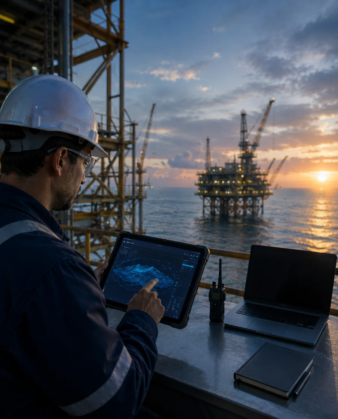 Technical specialists calibrating marine offshore sensors