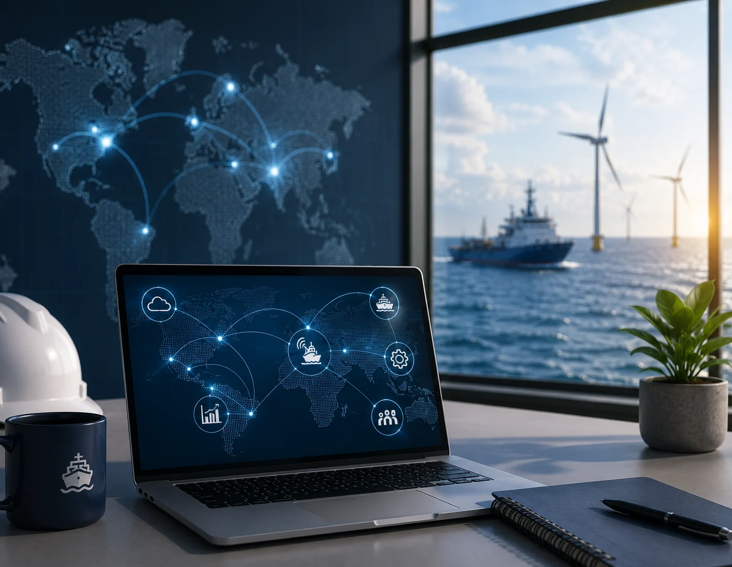 Engineers monitoring remote offshore operations and vessel control systems in an ROC