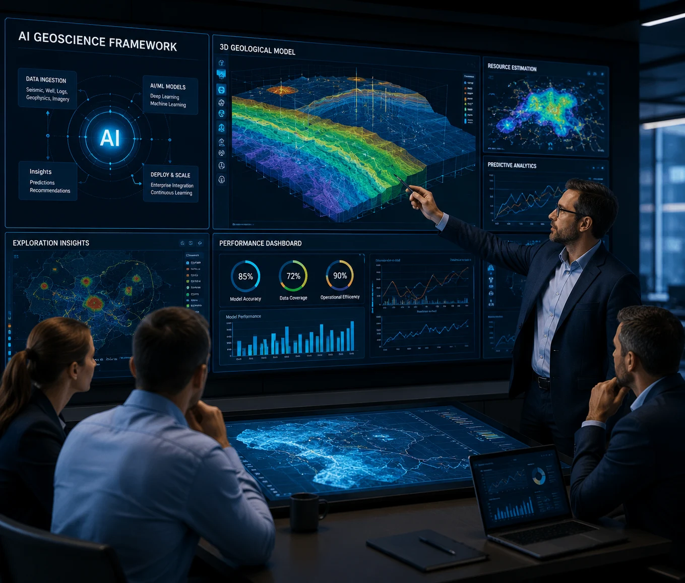 Executive strategy meeting for offshore geoscience AI with large digital planning displays and marine datasets