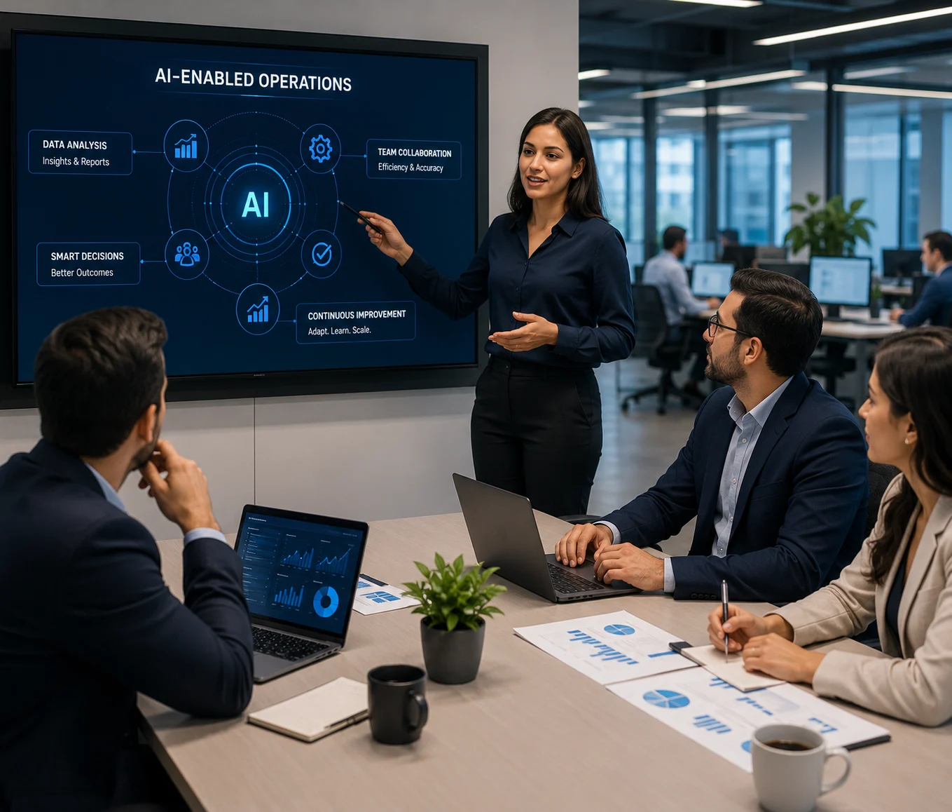 Professional offshore engineering teams collaborating around marine operations planning and AI workflow briefing
