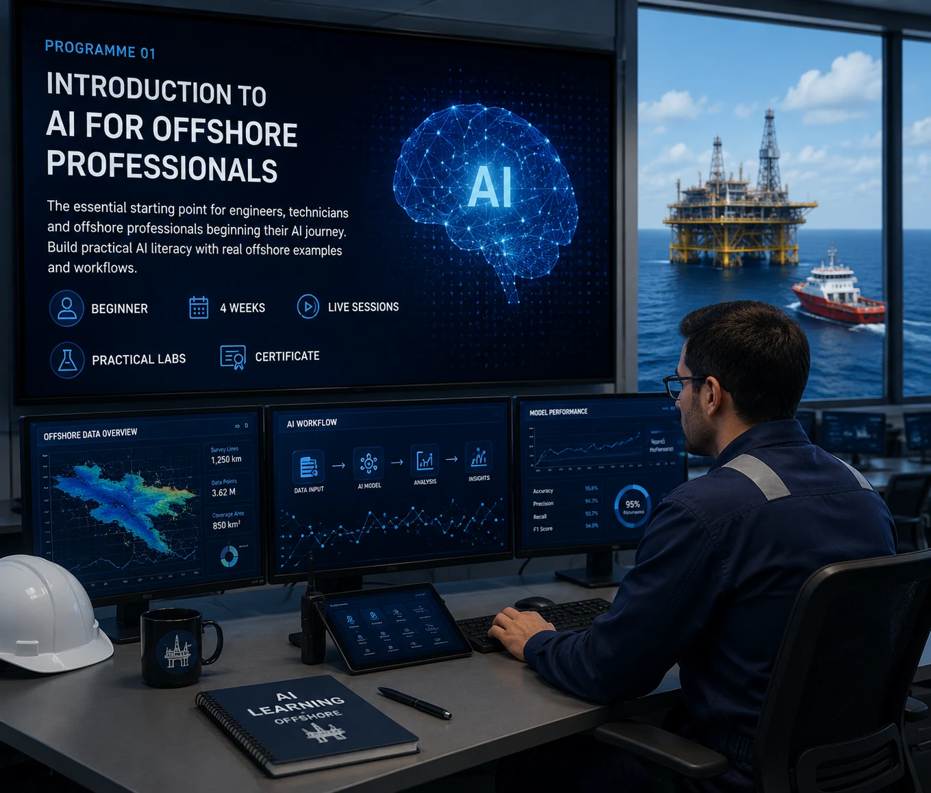 Modern offshore digital command centre with marine engineers reviewing AI workflows