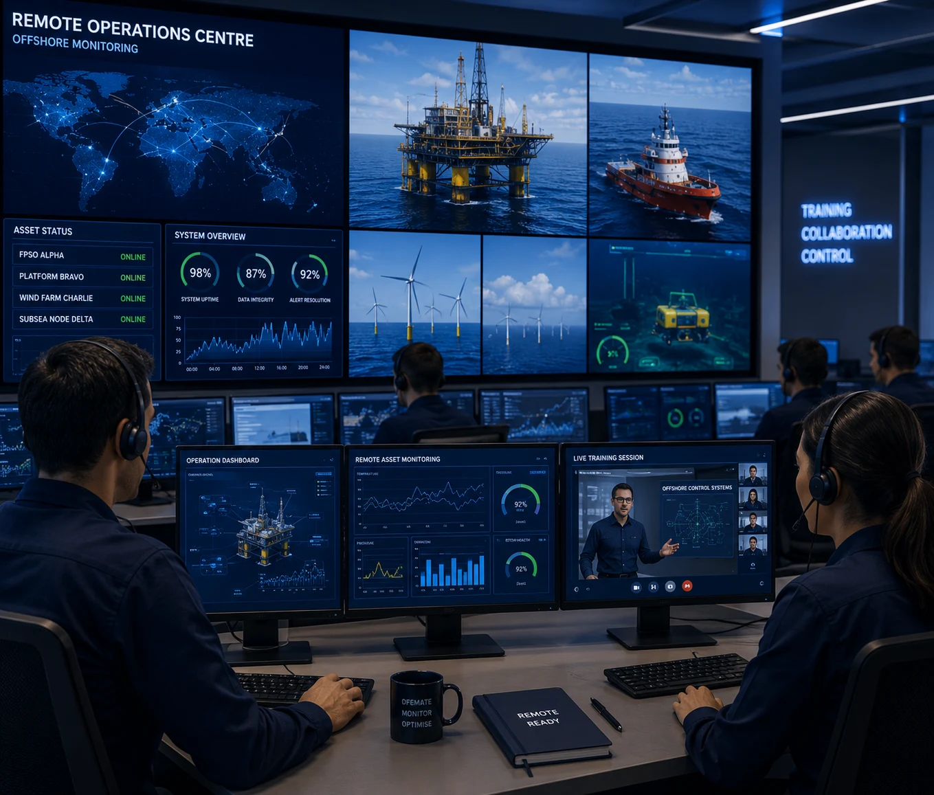 Engineers monitoring autonomous offshore operations and digital twin systems