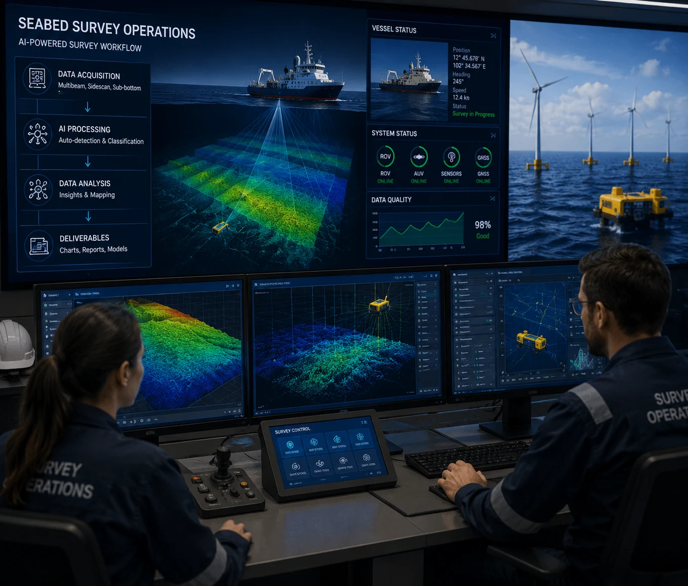 Survey vessel conducting offshore mapping operations